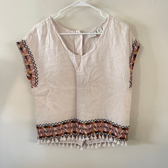 Rachel Zoe Linen Embroidered Peasant Blouse Womens Small Ivory Boho Tassel Hem - Picture 1 of 6